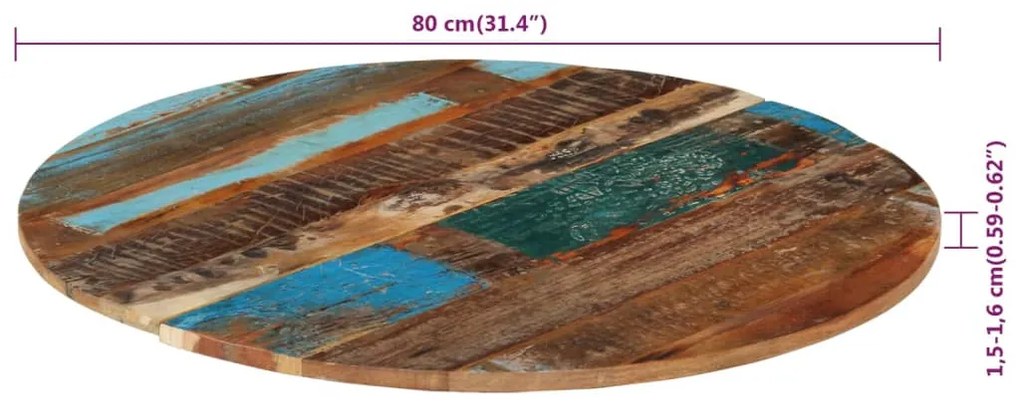 Tampo de mesa redondo 80 cm 15-16 mm madeira recuperada maciça