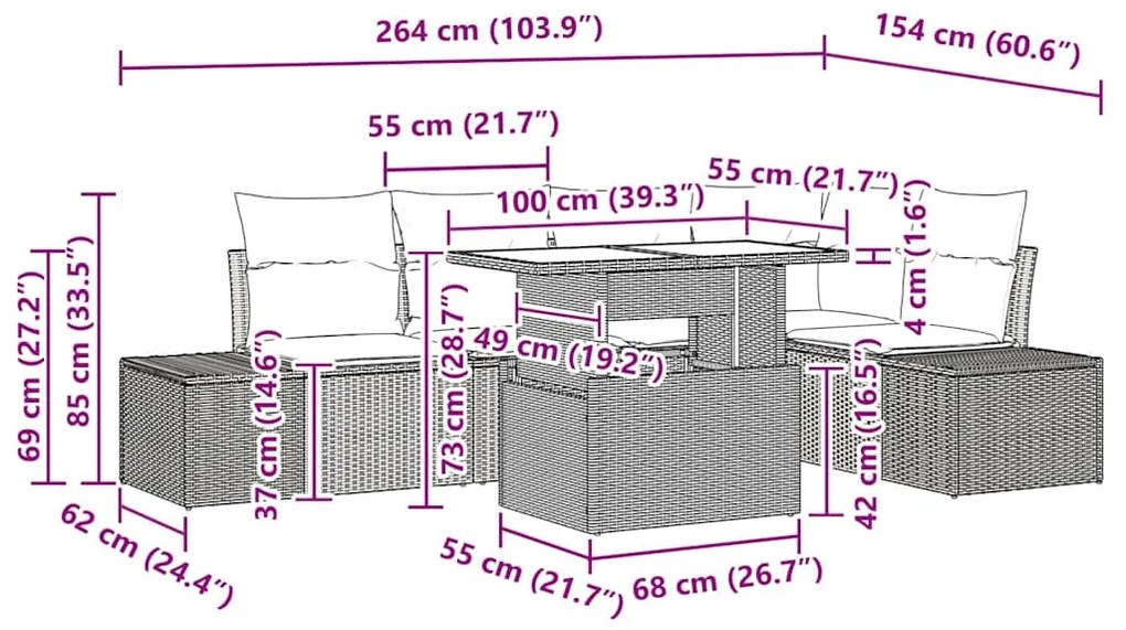 Sofá de Jardim 6 Peças com Almofadas em Ratan Marrom