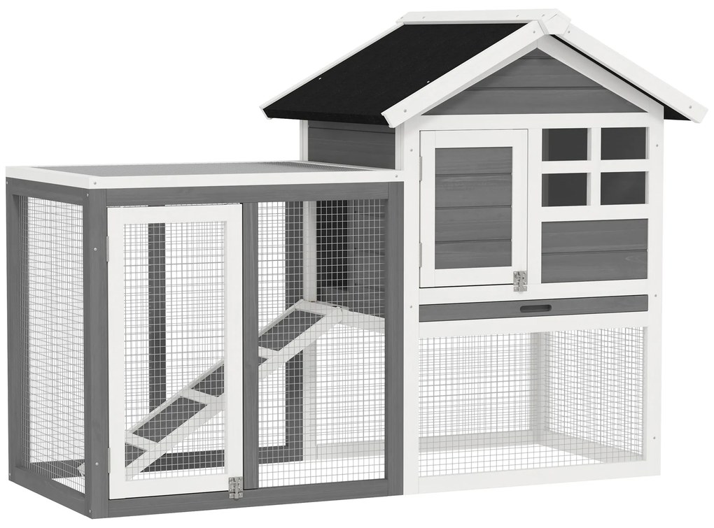PawHut Coelheira de Madeira Exterior de 2 Níveis com Zona Aberta Teto Asfáltico Bandeja Removível e Rampa 122x62,6x92 cm Cinzento | Aosom Portugal