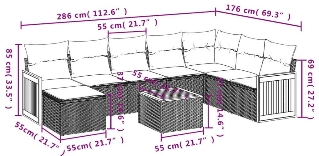 9 pcs conjunto de sofás p/ jardim com almofadões vime PE bege