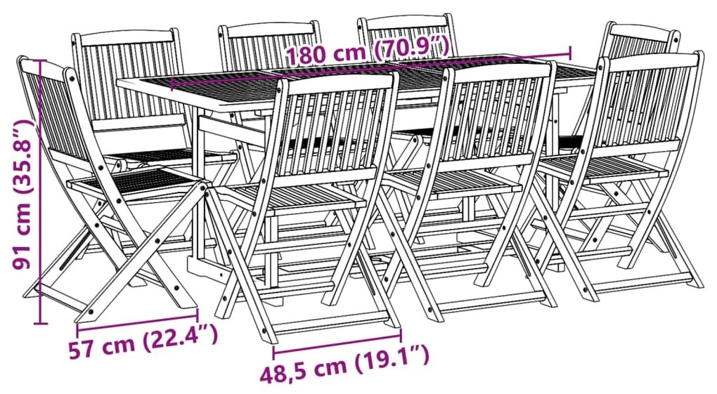 9 pcs conj. de jantar para jardim 180x90x75 cm acácia maciça