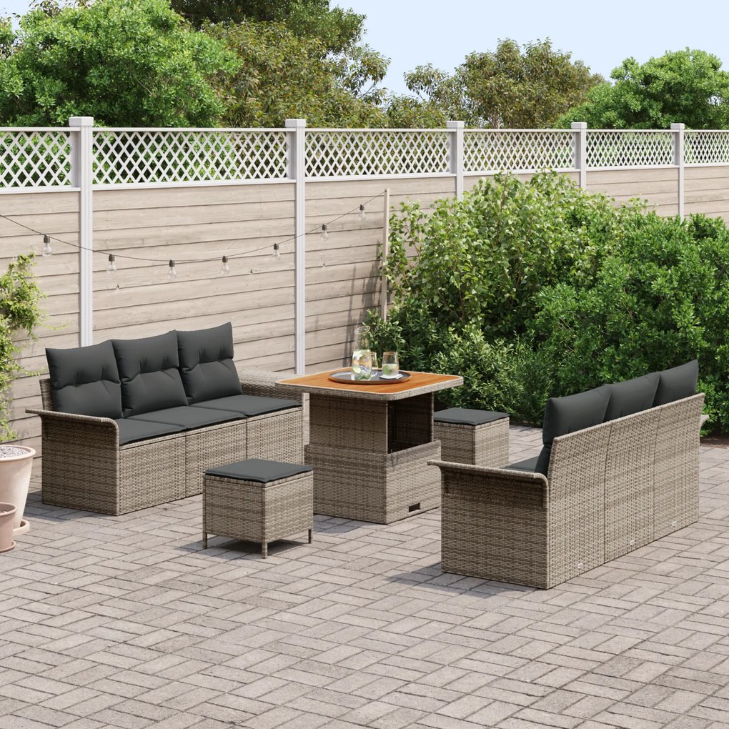 Conjunto de Sofá de Jardim de 9 Peças com Almofadas Cinza Vime Acácia