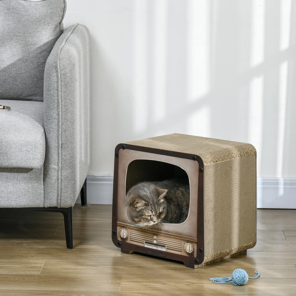 Arranhador para gatos 2 em 1 em forma de televisor 39 x 29 x 37 cm, com casinha e tapete para arranhar em cartão ondulado, castanho