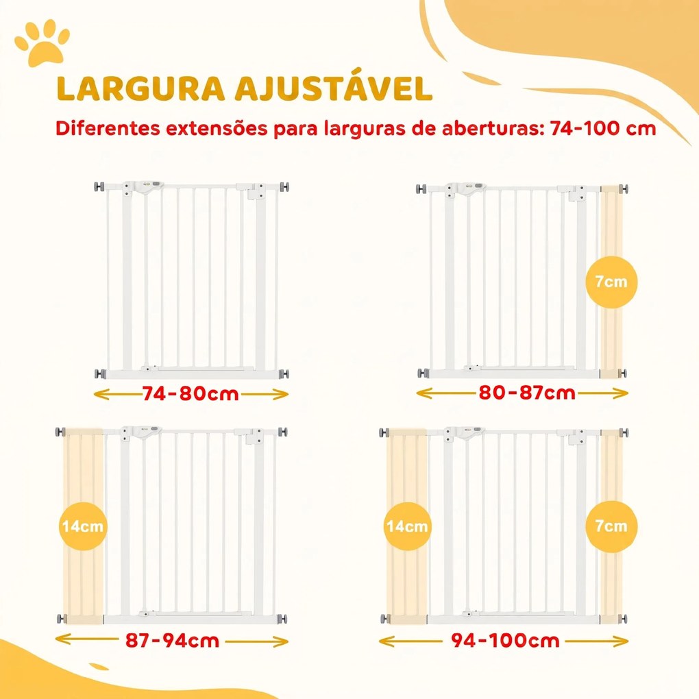 Barreira de Segurança para Cães 74-100 cm com Extensões, Montagem por Pressão e Duplo Bloqueio, Branco