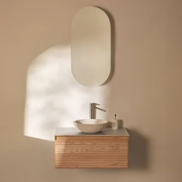 Conjunto De Móvel De Casa De Banho Suspenso 80x50 Cm Em Madeira De Freixo Tedrik Castanho Fresno & Cimento Redondo Branco Ø40 Cm Zavion & - Sklum