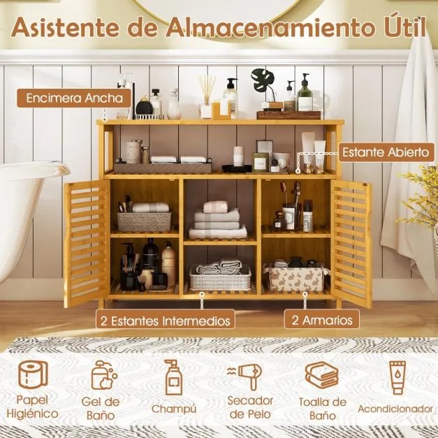 Armário de Cozinha de bambu com 2 portas e prateleiras para cozinha sala de estar 100 x 35 x 80 cm Natural