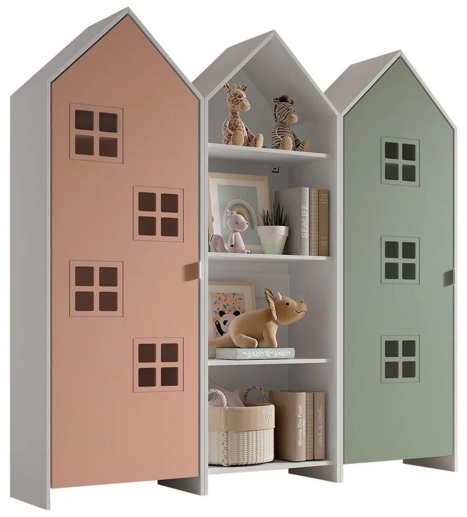 Conjunto 2 armarios Guarda Roupa infantil + estante infantil coleção CASAMI Verde e Rosa