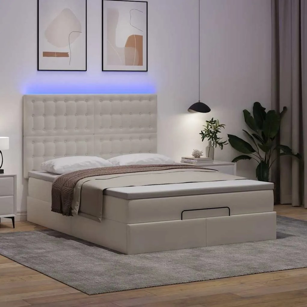 Estrutura de cama otomana com colchão branco couro falso