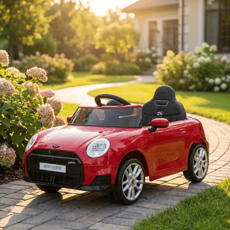 Carro elétrico para Crianças Mini Cooper 12V, Rodas Eva, Assento Couro ecológico Vermelho