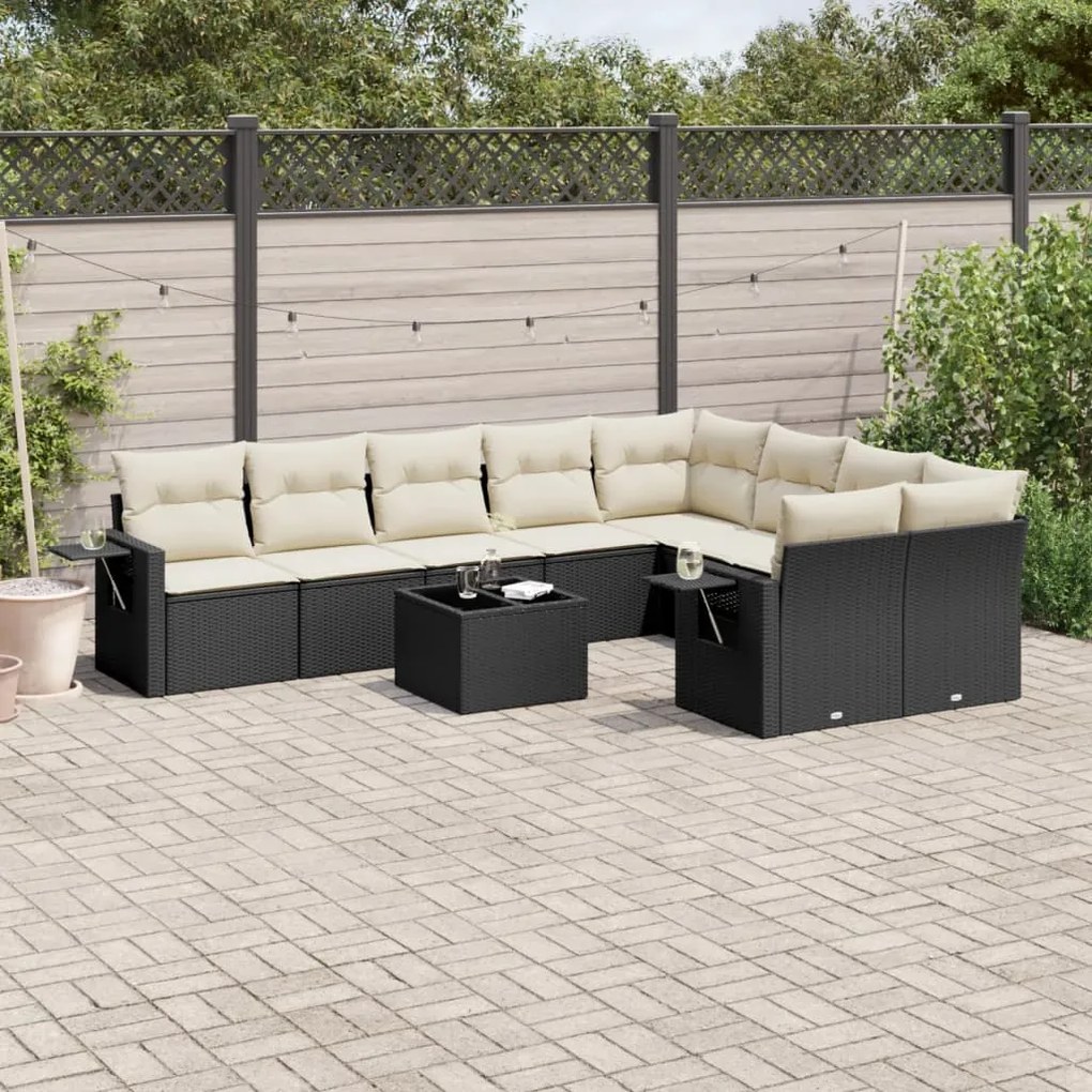 10 pcs conjunto sofás de jardim c/ almofadões vime PE preto