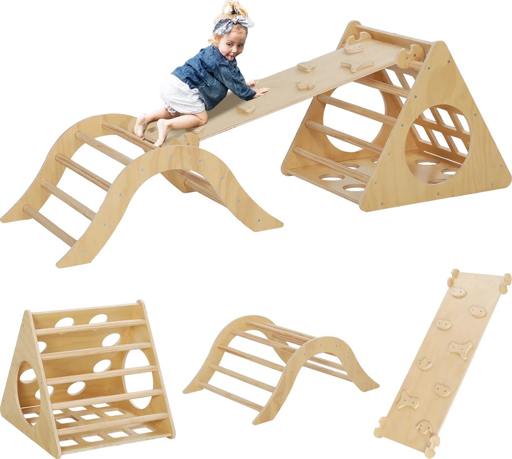 Triângulo de Escalar de Madeira 8 em 1 Jogo de Aprendizagem com Rampa Escada em Forma de Arco 175x59,5x60 cm Madeira
