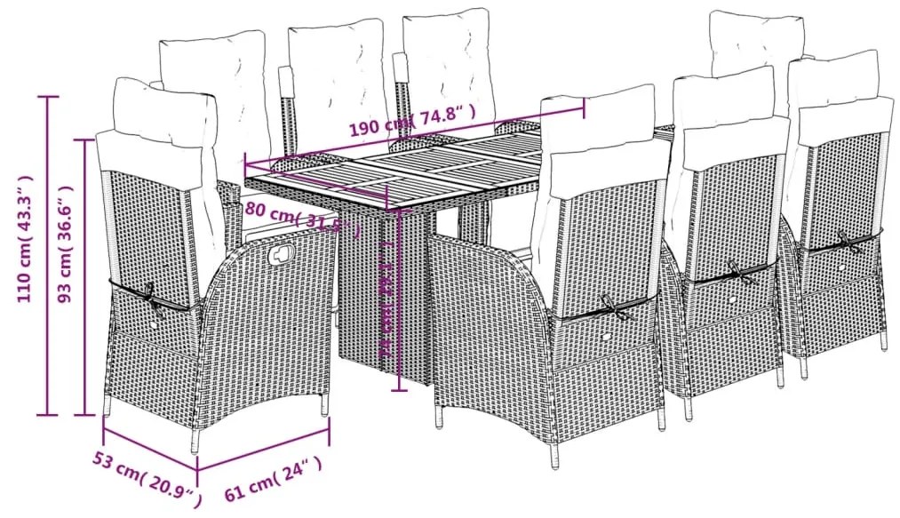 9 pcs conjunto de jantar p/ jardim c/ almofadões vime PE preto