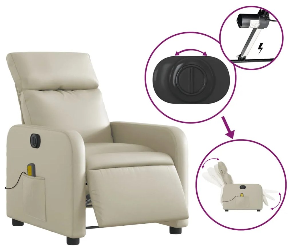 Poltrona massagens reclinável elétrica couro artificial creme