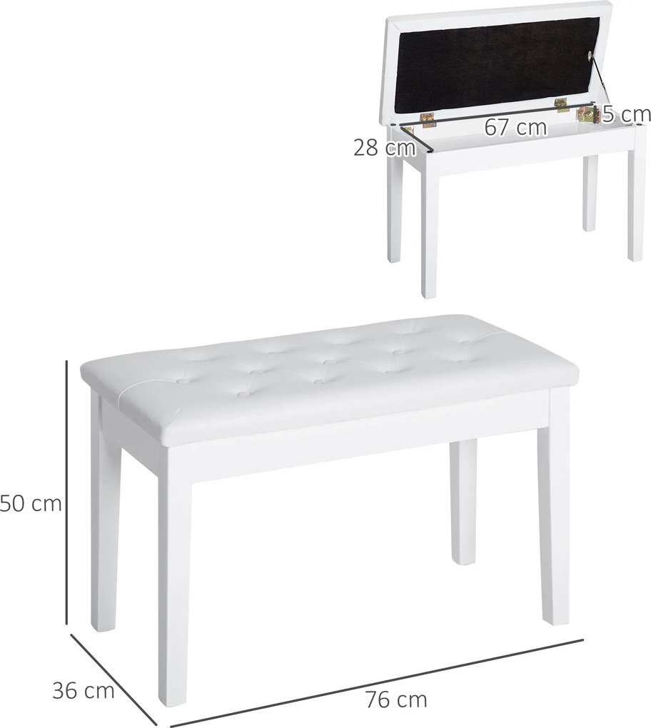 Banco para Piano com Espaço de Armazenamento Assento de Couro Sintético Acolchoado 76x36x50 cm Branco