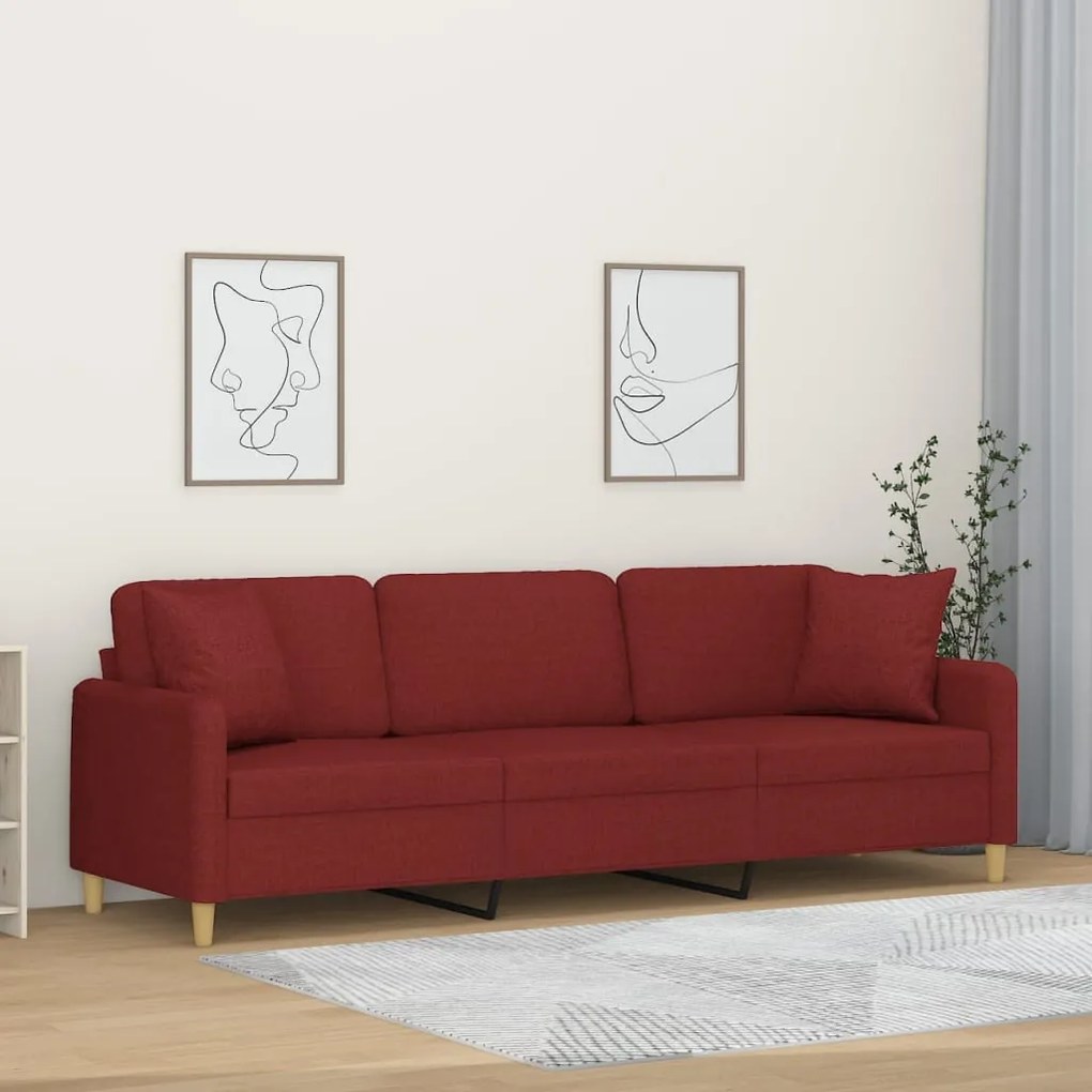vidaXL Sofá 3 lug. c/ almofadas/almofadões 210cm tecido vermelho tinto