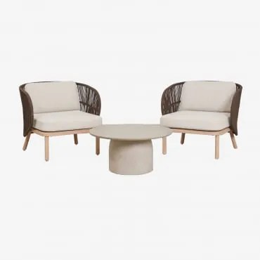 Conjunto De Jardim Com 2 Poltronas Em Corda Trançada Capri E Mesa De Centro Redonda Ø75 Cm Em Cimento Layana Castanho Chocolate - Sklum