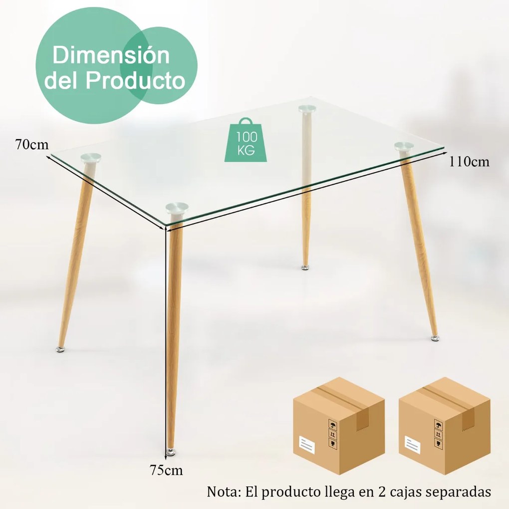Mesa de jantar de vidro moderna com almofadas ajustáveis para casa, cozinha e escritório 110 x 70 x 75 cm