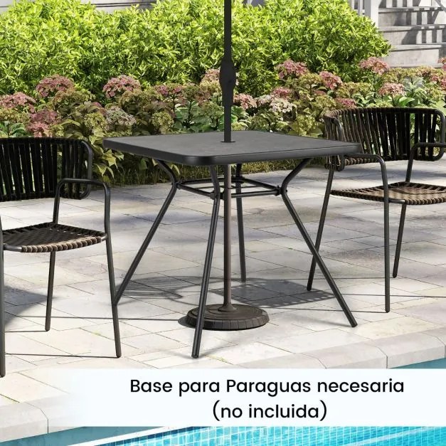 Mesa de jantar para jardim 80 x 80 x 72,5 cm com orifício para guarda-sol de 4 cm e tampo com placa DPC para jardim, varanda, piscina, preta