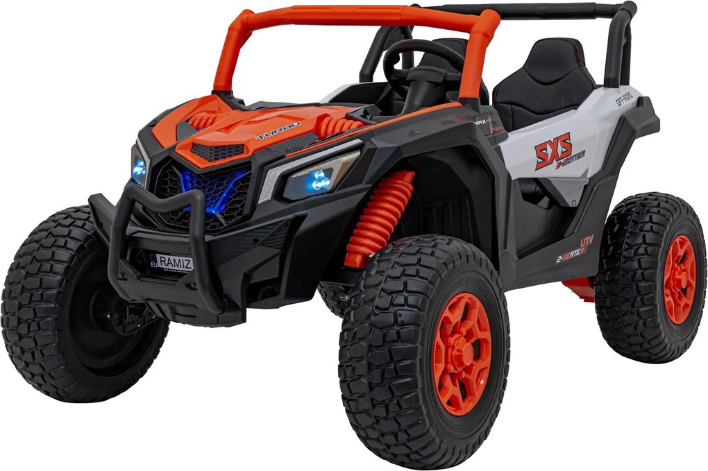 Buggy elétrico para Crianças 24V, 4x4, 4 motores 200W, UTV X3 Off-Road, Rodas de espuma EVA, 2x Assentos Couro ecológico Laranja