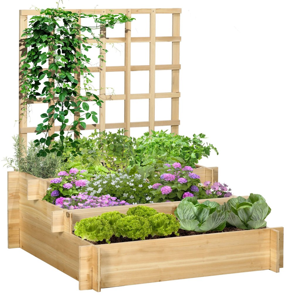 Floreira de 3 Níveis com Treliça Hortal Vertical com Tecido não Tecido para Cultivos de Verduras Flores Ervas 95x95x110 cm Madeira