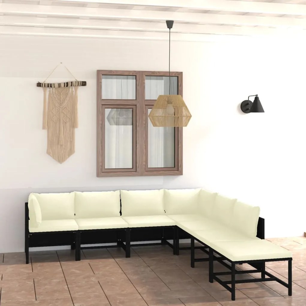 7 pcs conjunto lounge de jardim c/ almofadões vime PE preto