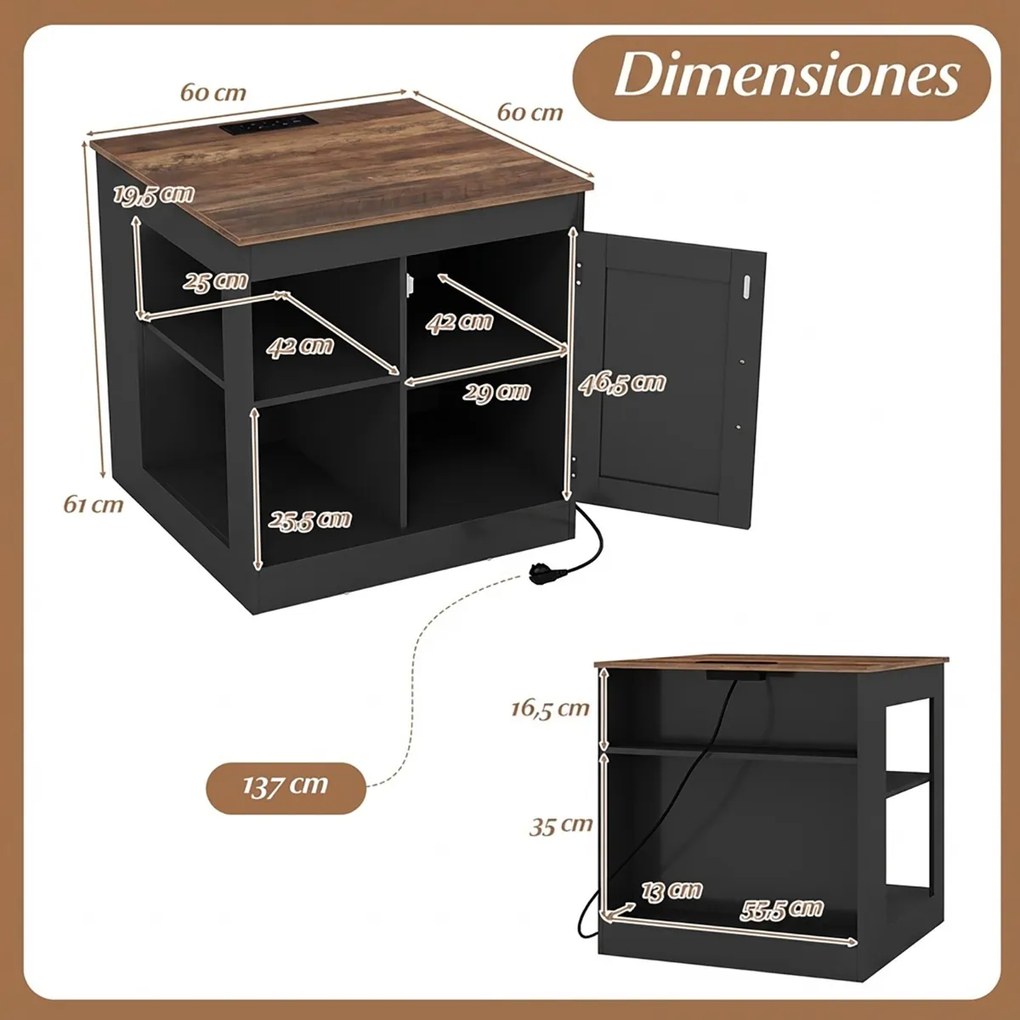 Mesa apoio, mesa cabeçeira Rústica 60 x 60 x 61 cm com Estação de Carregamento, com Porta Deslizante para Quarto e Sala Preto + Natural