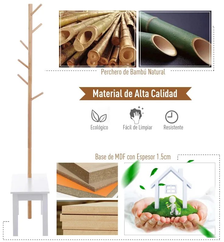 Cabide de Pé Sitten com Banco Integrado – 80x30x180 cm – Bambu e Branc