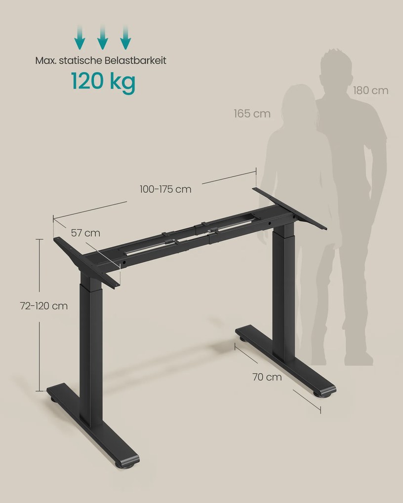 Estrutura elétrica para secretária 100-175 x 70 x 72-120 cm com dois motores (TAMPO NÃO INCLUIDO) preta