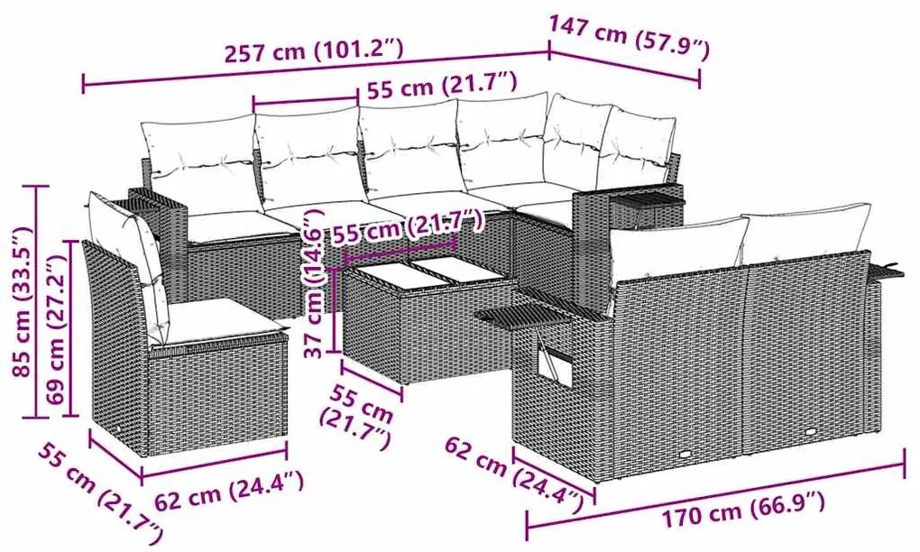 9 pcs conjunto de sofás p/ jardim c/ almofadões vime PE preto