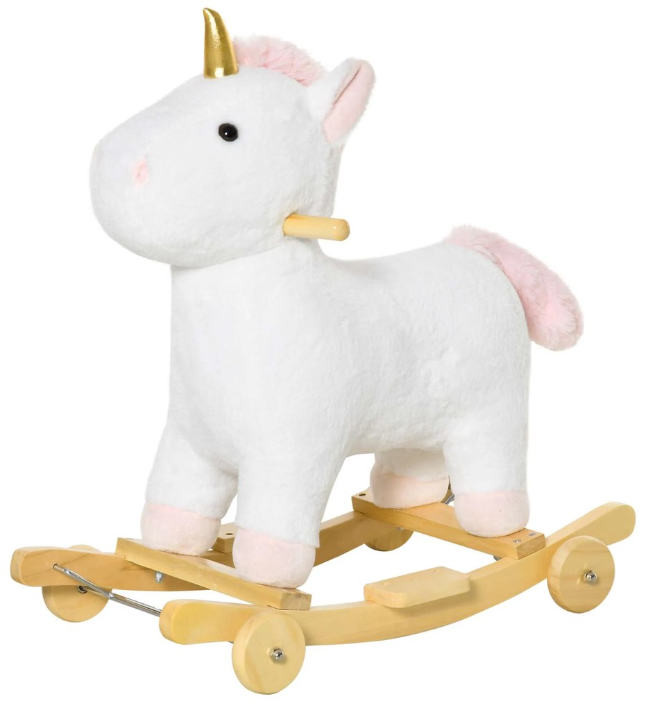 HOMCOM Baloiço Infantil em Forma de Unicornio para Crianças acima de 3 Anos Baloiço 2 em 1 com Rodas e Sons 45kg 63x38x63cm Branco