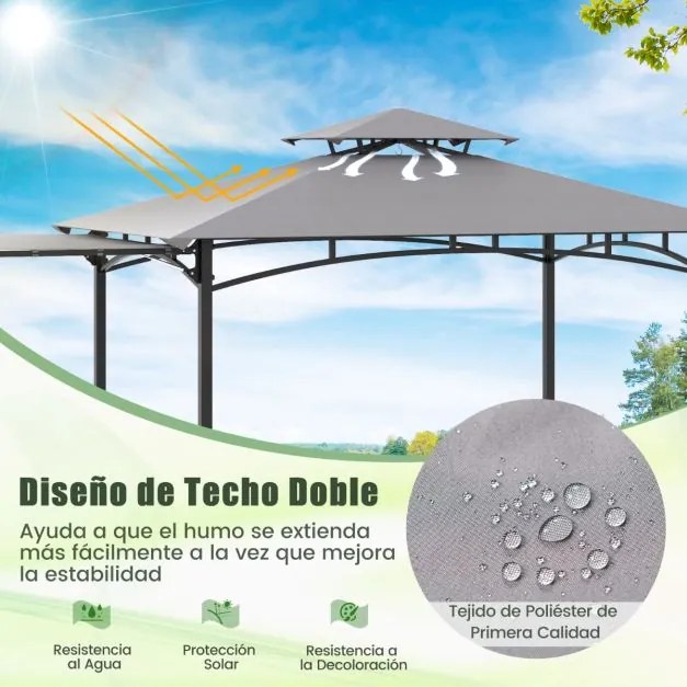Tenda pérgula jardim para churrasco (Não incluido) de 318 x 153 cm com 2 prateleiras laterais Estrutura metálica Cinzenta