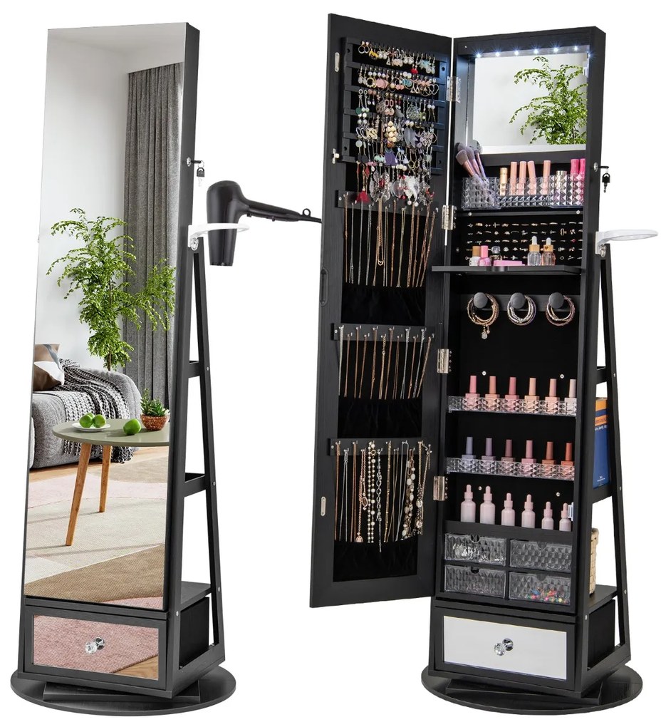 Armário para joias giratório em 360° com espelho, luzes LED, fechadura e prateleira traseira preta