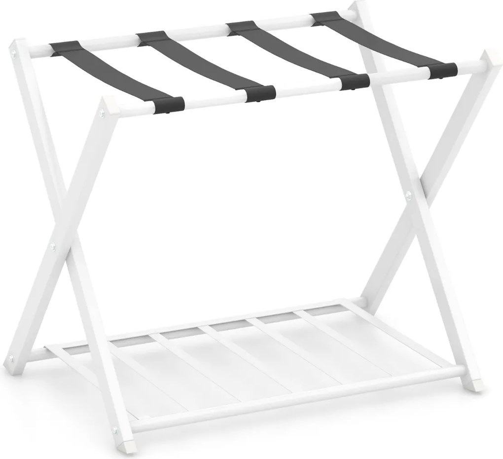 Estante dobrável de metal para bagagens até 60 kg com 4 correias estáveis e design de 2 andares para casa e hotel Branco