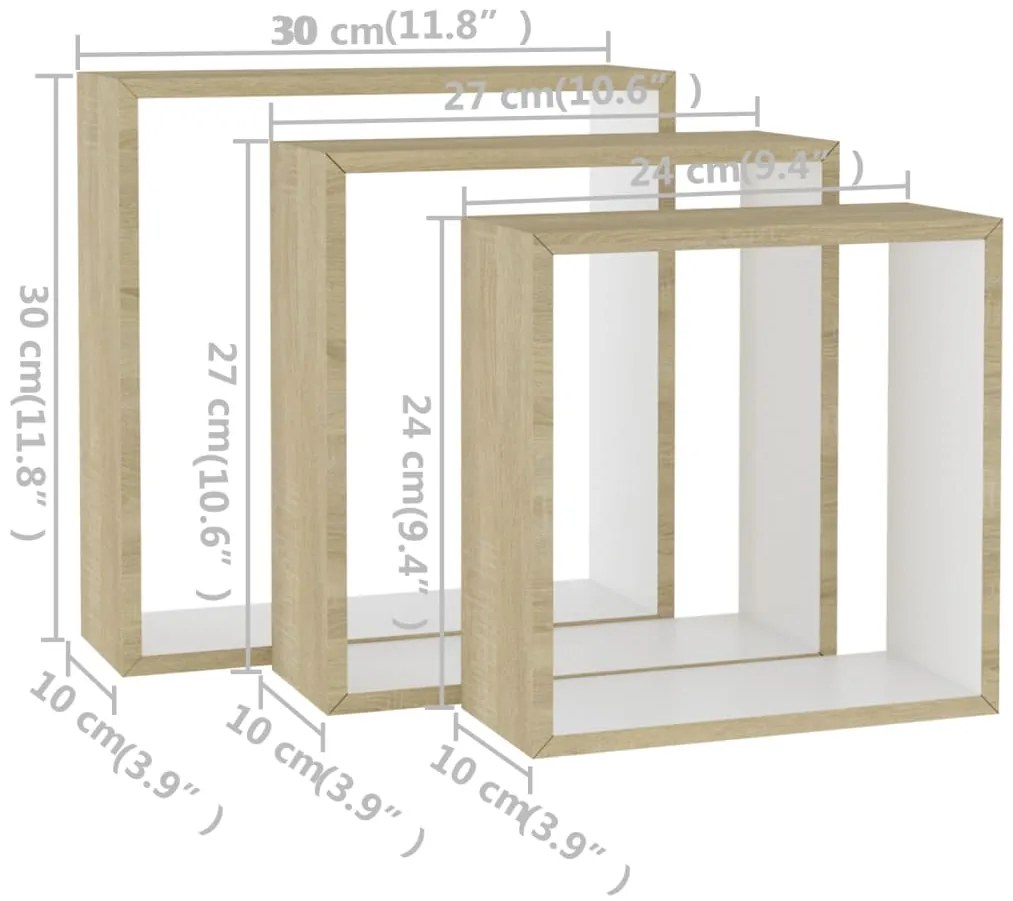Prateleiras parede forma de cubo 3pcs cm branco/carvalho sonoma