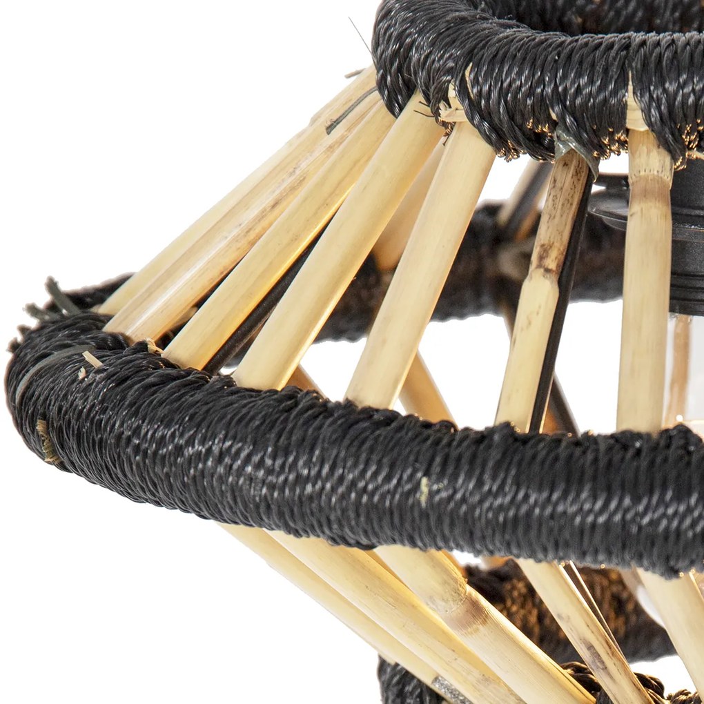 Candeeiro de suspensão oriental em bambu com preto oblongo 3 luzes - Evalin Oriental