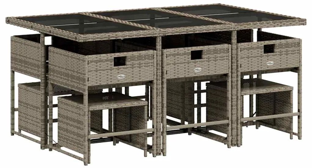 11 pcs conjunto jantar p/ jardim c/ almofadões vime PE cinzento