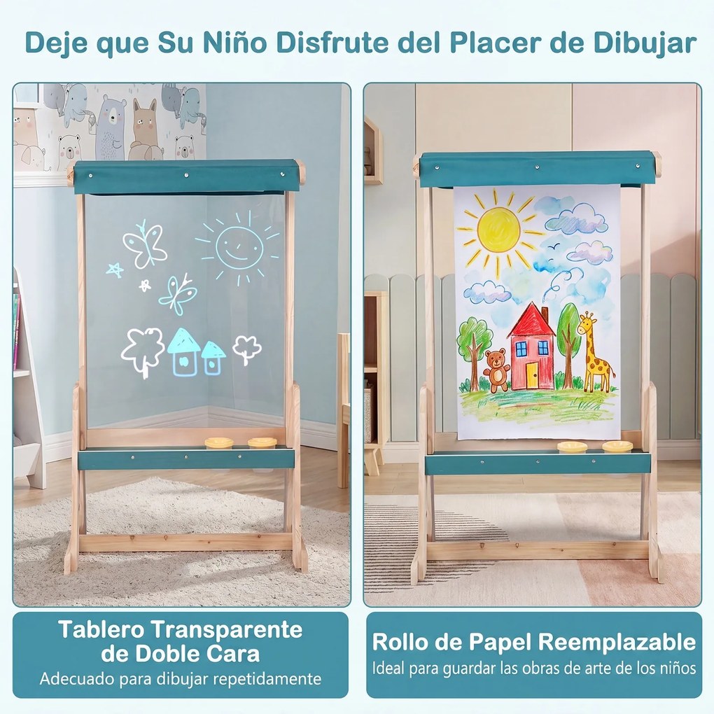 Cavalete Infantil para Desenho, 65 x 44,5 x 110 cm, Tabuleiro Transparente Dupla Face, Natural