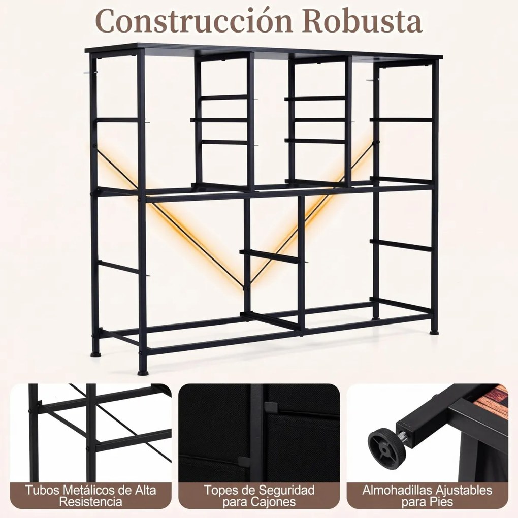 Cómoda de 11 gavetas com gavetas em tecido 100 x 30 x 82 cm, estrutura metálica, organizador para quarto Preto + Castanho