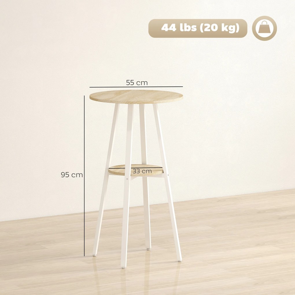 Mesa Alta de Cozinha Redonda com Prateleira de Armazenamento para 2 Pessoas com Estrutura de Metal 55x55x95 cm Madeira e Branco