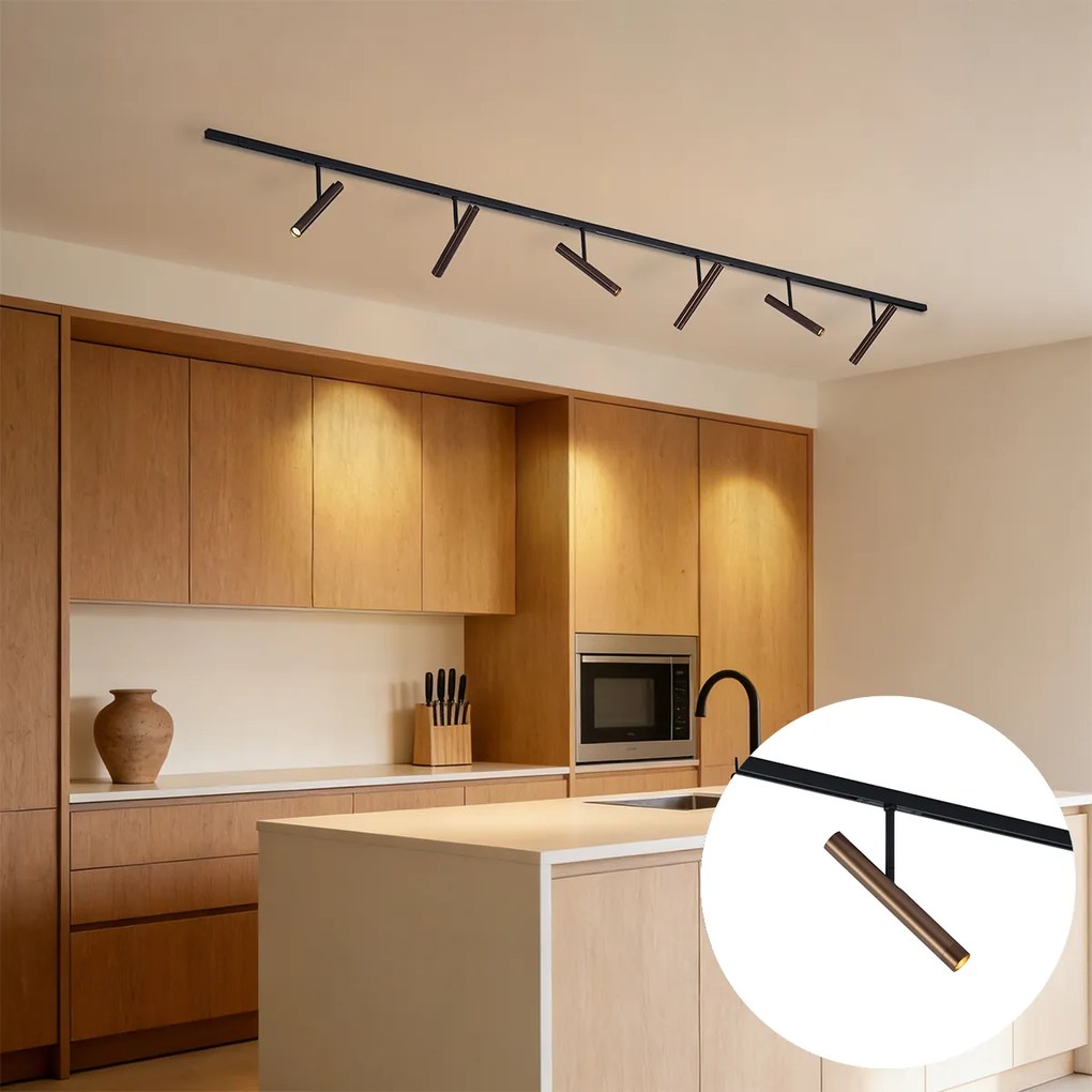 Sistema de calhas de iluminação moderno preto com 6 focos bronze escuro monofásicos - Slimline Avery