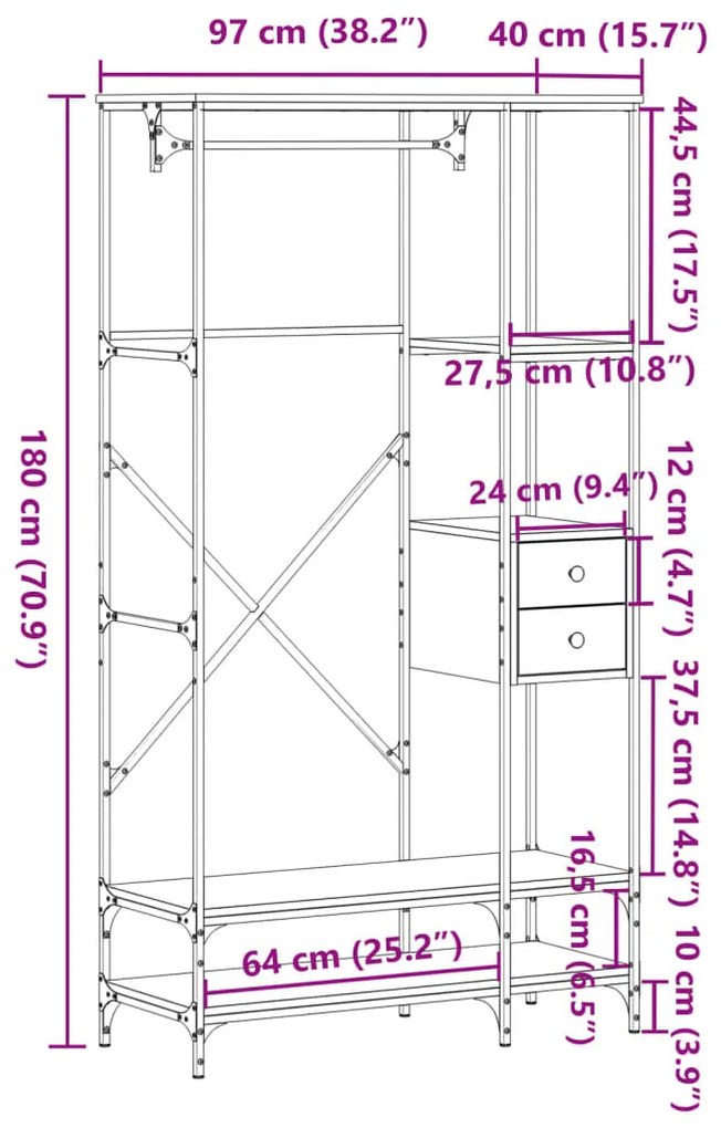 Charriot/Suporte para roupas c/ prateleiras derivados de madeira preto