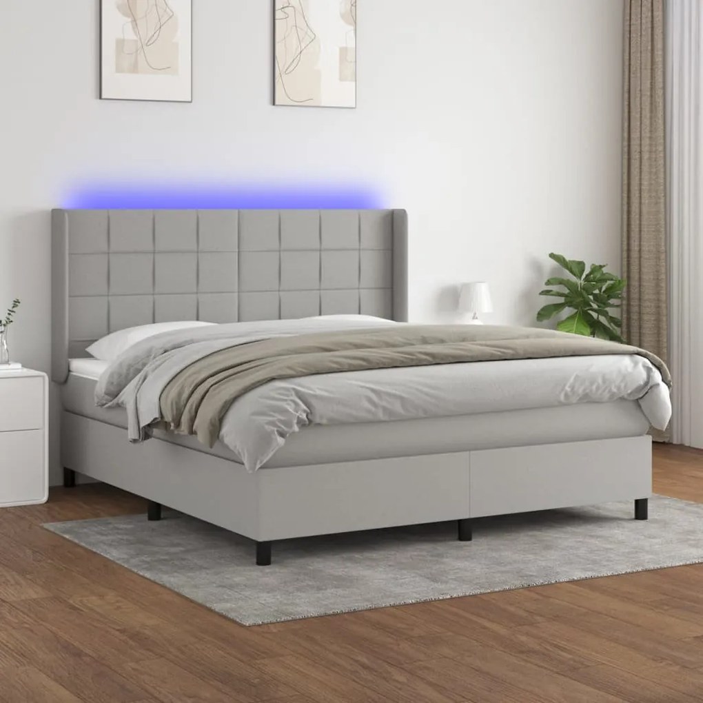 Cama box spring c/ colchão e LED 180x200 cm tecido cinza-claro