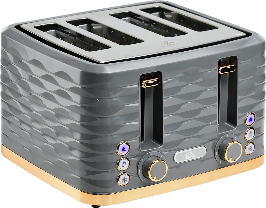 HOMCOM Torradeira para 4 Fatias com 7 Níveis de Tostagem Elevação Extra Alta Função Reaquecer/Descongelar Acabamento Ondulado Cinza | Aosom Portugal