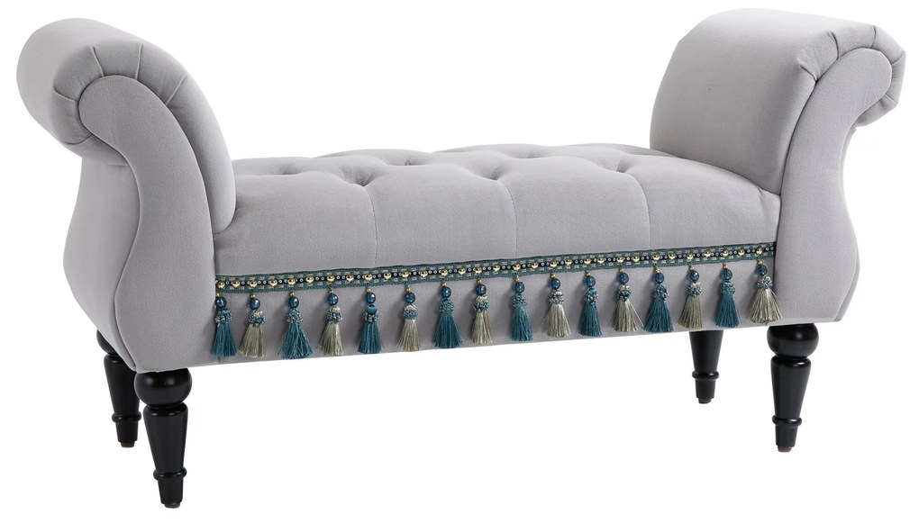 HOMCOM Bancada Banqueta capitonê Veludo Banco de cama com braços Pés em madeira de seringueira Cinza 40P x 117L x 58A cm | Aosom Portugal
