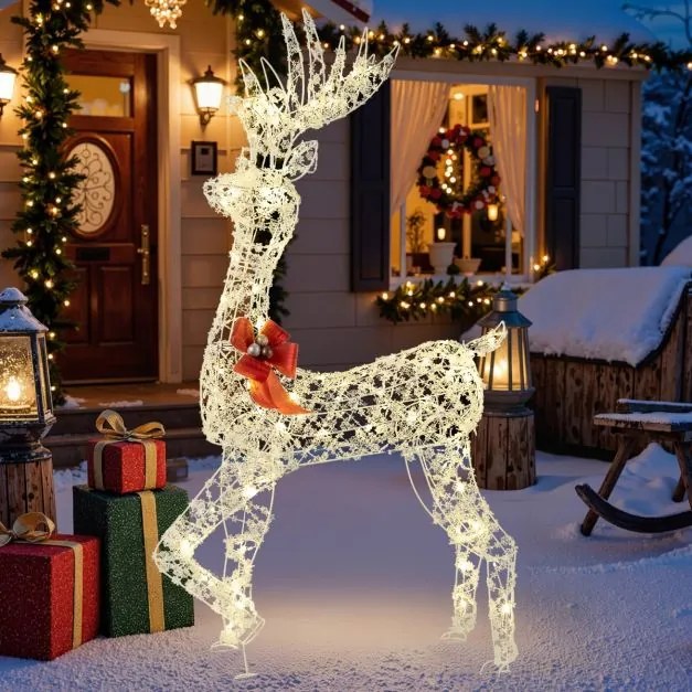 Rena Natal Iluminada 80 x 52 x 150 cm com 100 Luzes LED Flocos de Neve PP e Laço Vermelho Estrutura Metálica Robusta para Interior e Exterior Branco e
