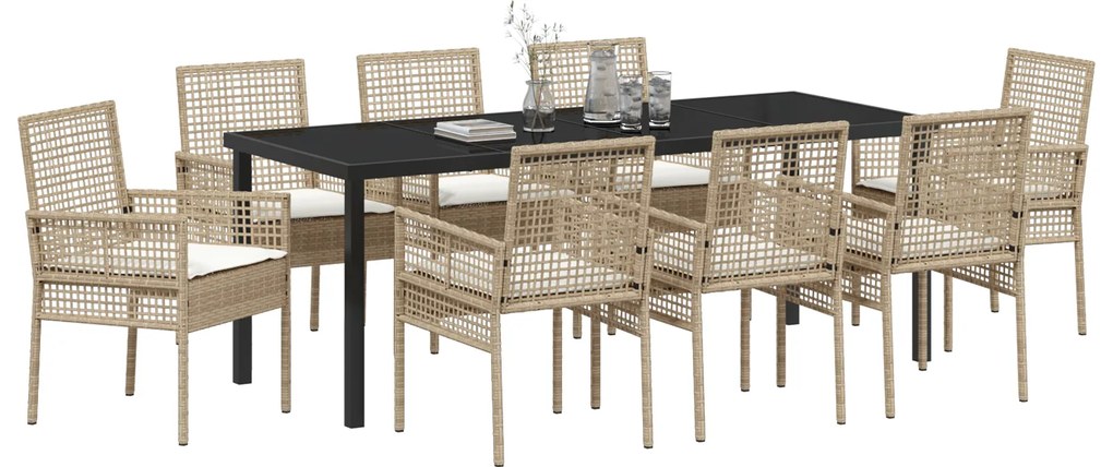 Conjunto de Jantar de 9 Peças com Almofadas Bege de Polirattan