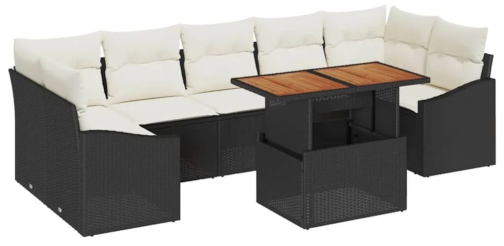 Conjunto de Sofá de Jardim de 8 Peças com Almofadas Preto Vime Poliést