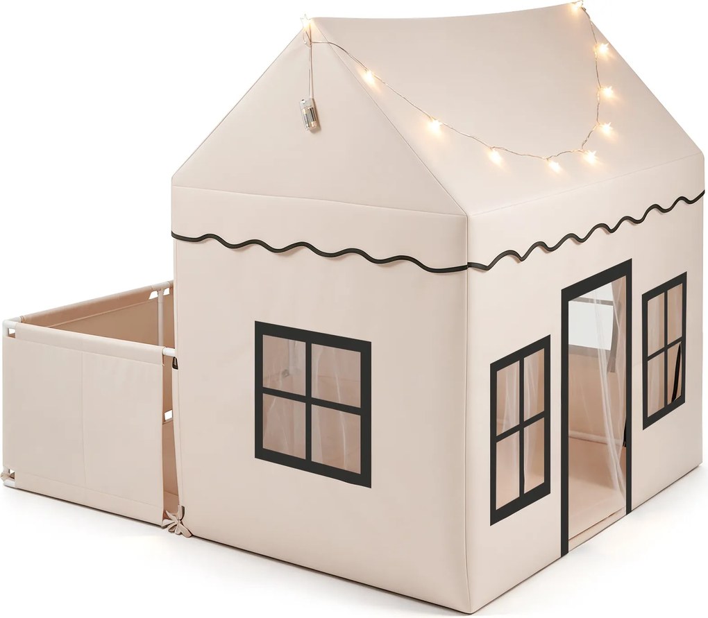 Tenda de Brincar Infantil 2 em 1 com Parque, 162,5 x 139 x 140 cm, Tapete Amovível, Bege