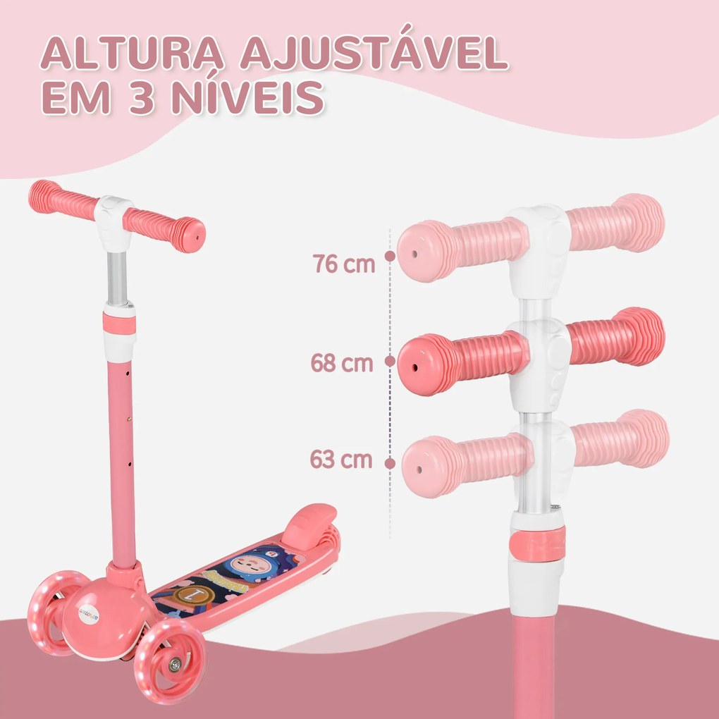 Trotinete para Crianças Trotinete com 3 Rodas LED Altura Ajustável Carga 25 kg 52x29x63-76 cm Rosa