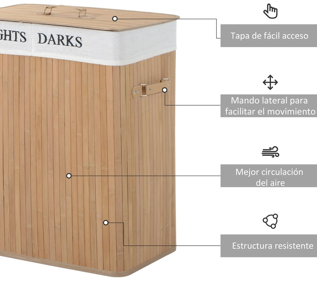 HOMCOM Cesto para Roupa Suja de Bambú Capacidade de 100L Cesta para Ro